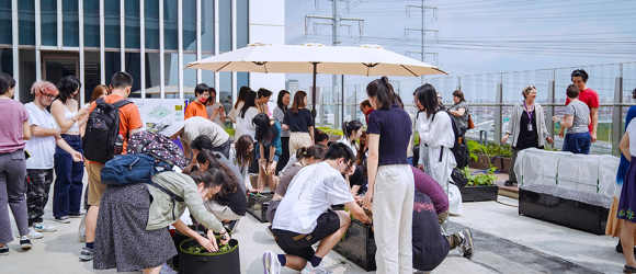 A group of students on the rooftop garden