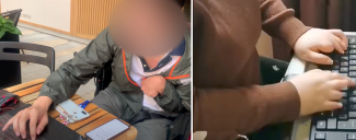 A person using a laptop and another using a keyboard