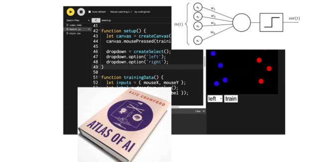 A book cover of Atlas of AI and code screen
