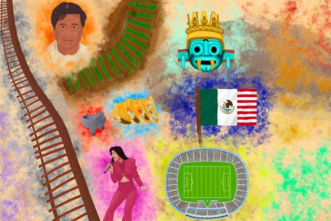 A digitally painted mural featuring some key elements of Chicano culture.