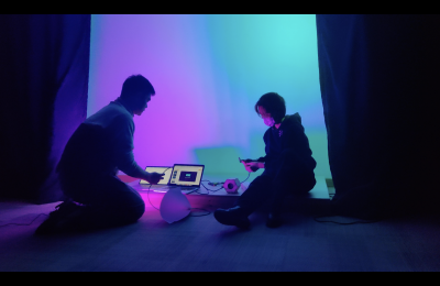 students playing new musical interface